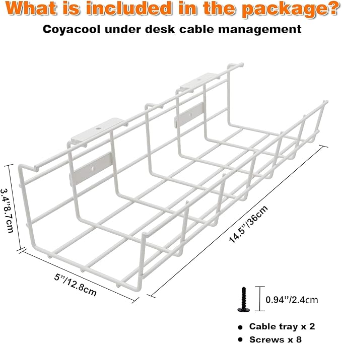 Under Desk Cable Management- 4 Pack Cord Organizer. Metal Wire Cable Management Tray for Office, Studio and Home. Super Sturdy Under Table Cable Managements - White Cable Organizer
