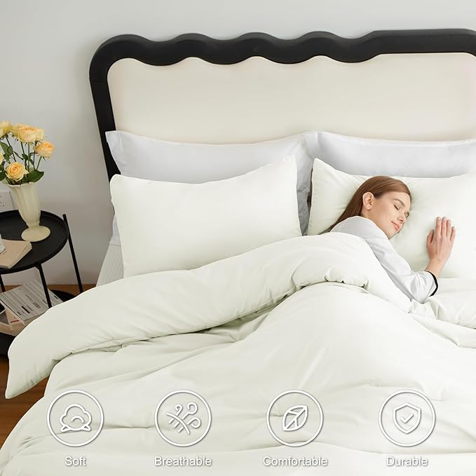 CozyLux King Size Comforter Set Ivory, 3 Pieces Solid Comforters King Size - Image 5