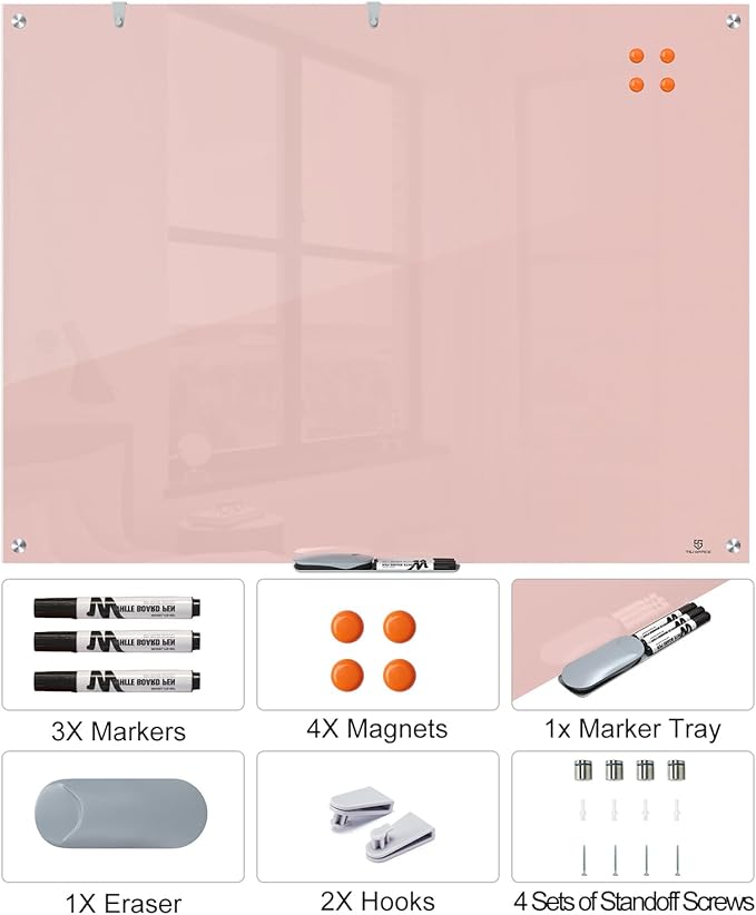 TSJ OFFICE Glass Dry-Erase Board - 48 x 36 Inches Wall Mounted Magnetic Whiteboard, Large Frameless Glass White Board for Office, Home & School, Pink