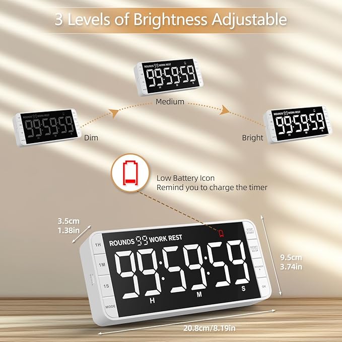 7.8'' Extra Large Rechargeable LED Kitchen Timer - 99H Countdown/Countup, 3 Brightness, 5 Alarms, 4 Volume Levels | Magnetic Large Timer for Cooking, Classroom, Home Gym