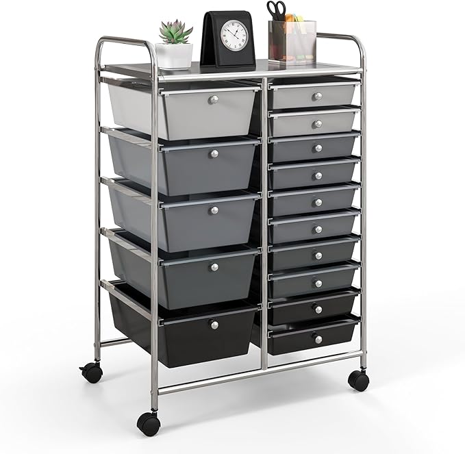 GOFLAME 15-Drawer Rolling Storage Cart, Craft Storage Cart with Removable Drawers & Lockable Wheels, Art Cart Supply Storage Organizer for Home Office Classroom, Gray Gradient