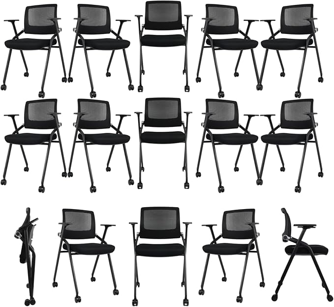 40 Pack Foldable Office Chairs with Wheels, Mesh Back, Arms and Portable - Folding Office Chairs Stackable for Conference Room Chair, Office Guest & Reception & Meeting Chair - (Black) 300 lbs.