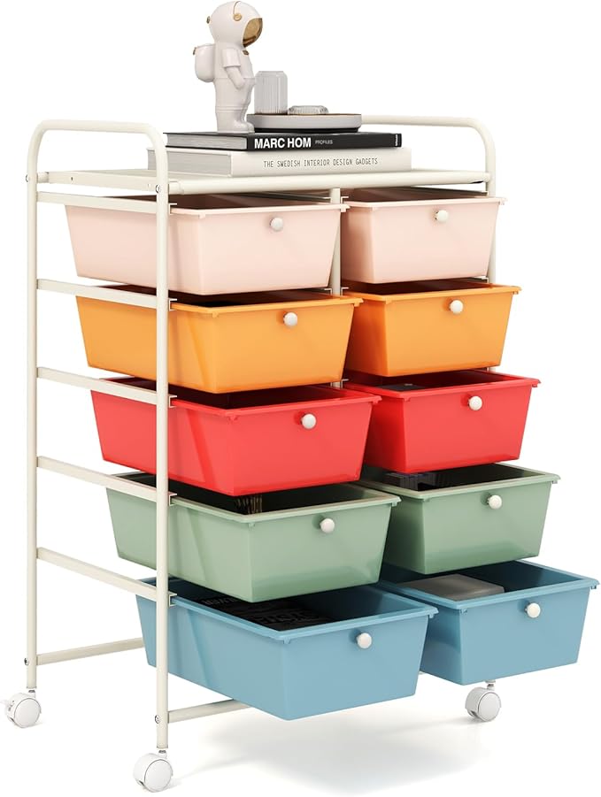 GOFLAME 10-Drawer Rolling Storage Cart, Art Craft Storage Organizer on Wheels, Multipurpose Movable Utility Cart for School, Office and Home, Macaron Color