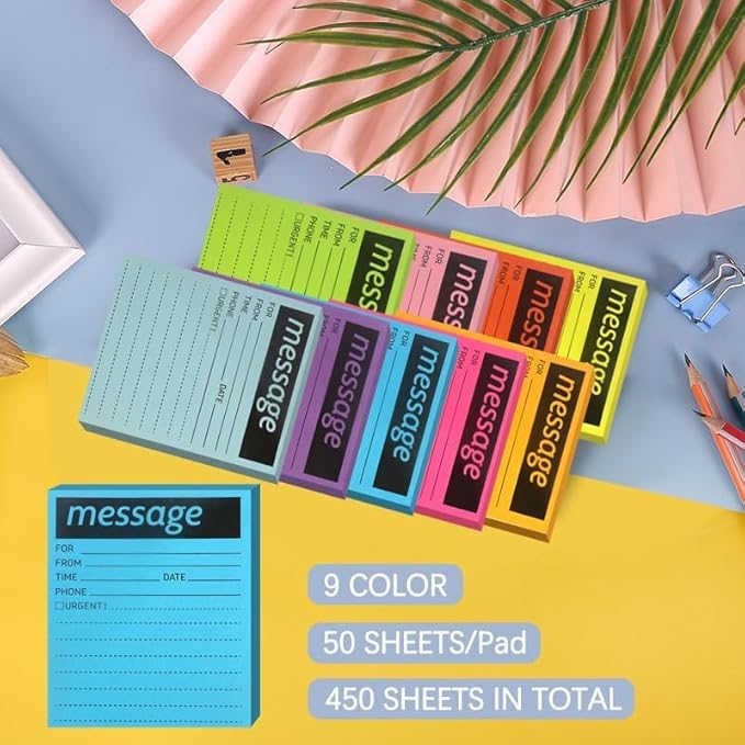 Phone Message Sticky Notes Phone Memo Pads, 9 Pads Lined Sticky Notes Pads, 4x6 inch Phone Message Pad Self Sticky Notes with Line Colorful Post Memos for Office, School and Home, 50 Sheetsx9 Pack