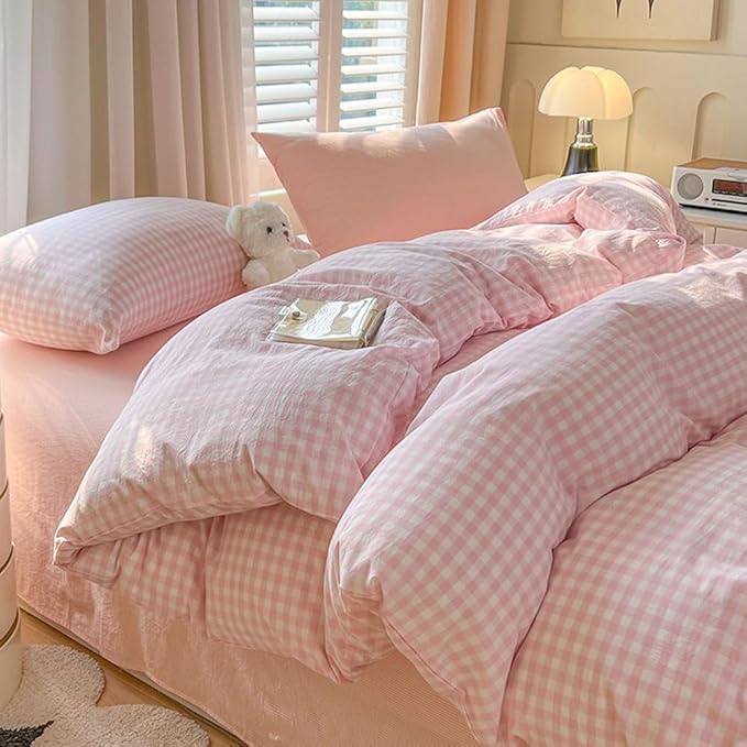 Nayoroom Gingham Duvet Cover Full Size Pink White Plaid Checkered Comforter by Nayoroom
