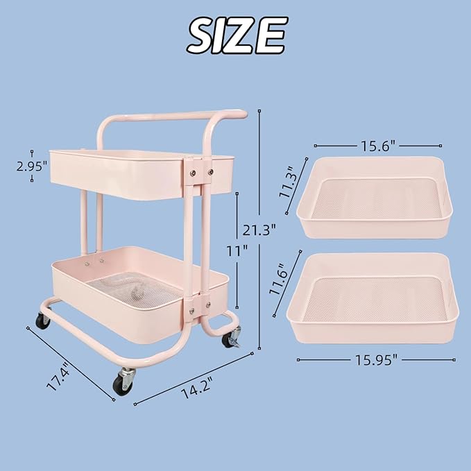Ufriandz 2 Tier Short Rolling Cart with Wheels All-Metal Pink Pantry Storage for Kitchen,Under Desk Trolley with Handle Small Wheeled Storage Cart for Laundry Room Bathroom, Under Table Small Space