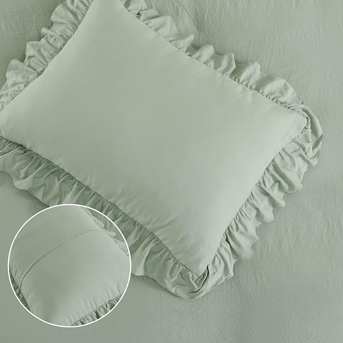 Sage Green Ruffled Duvet Cover Twin, Sage Green, 68x90 in - Image 6