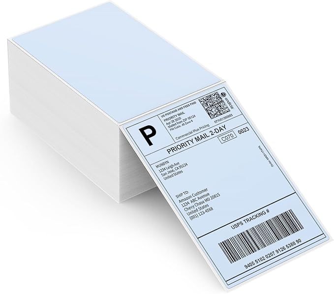 MUNBYN 4x6 Inch Blue Direct Thermal Shipping Labels, Commercial Grade Permanent Adhesive Fanfold Mailing Postage Label Paper for Thermal Printers and Packages, 500 Sheets per Stack