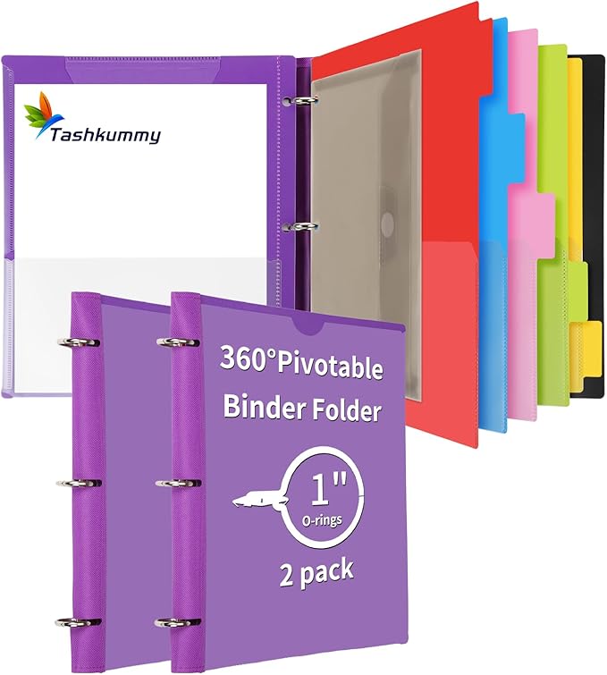 Tashkummy 360° Pivotable Project Organizer Binder, 2 Pack Upgraded 3 Ring Binder with Colored Tab Dividers with Pockets, Customizable Cover Multi Pocket Folder Binder for Home, School, Office- Purple