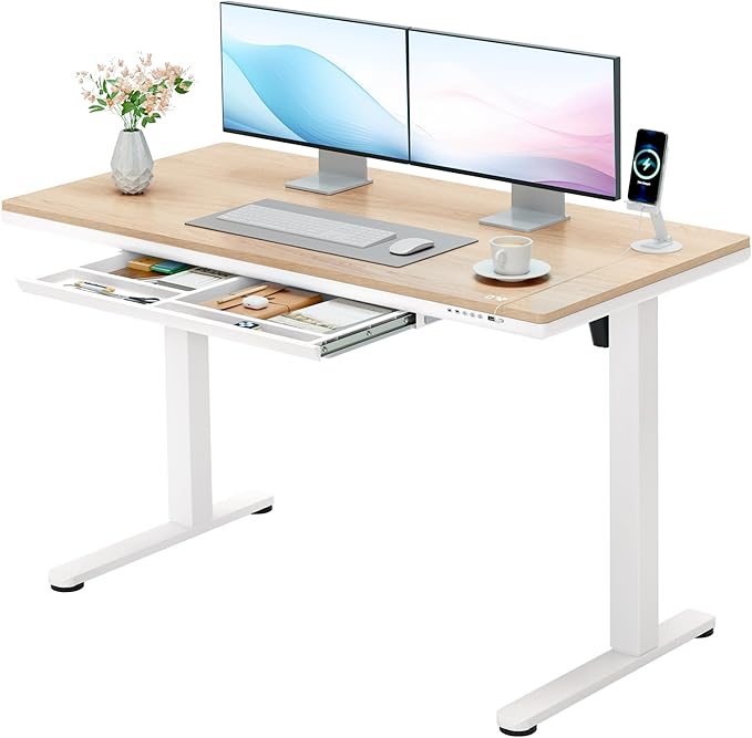 Furmax Electric Standing Desk with Drawers, Adjustable Height Sit Stand Desk with One-Piece Desktop & USB Charging Port for Home Office Computer Desks (Bamboo Desktop, 48 Inch)