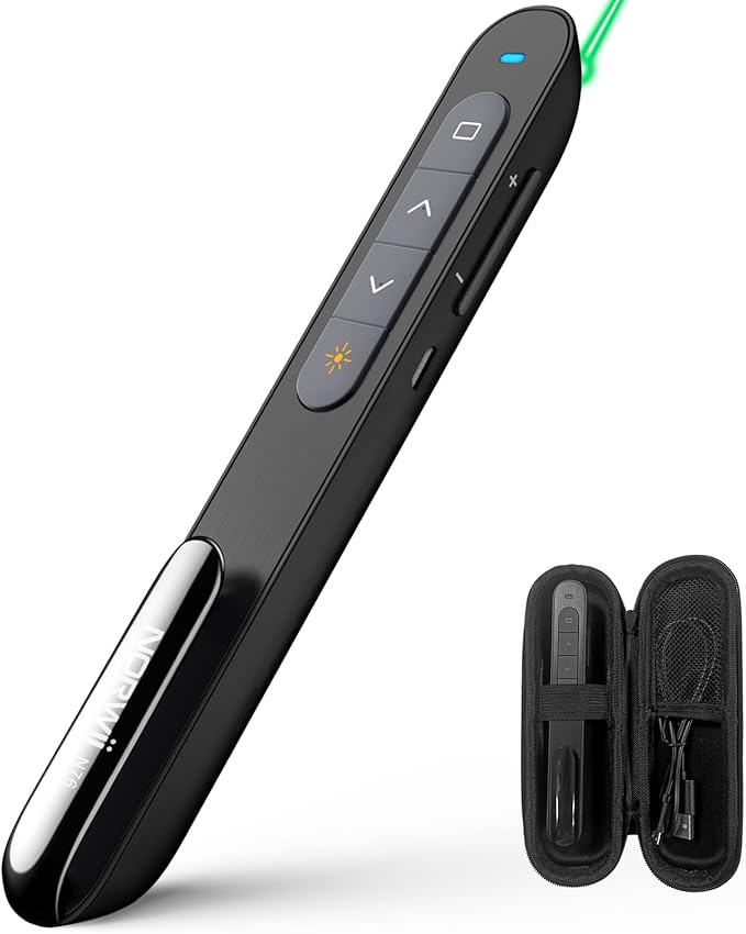 Norwii N76 Rechargeable Presentation clicker, Long Range Presentation Remote, Wireless Presenter, Pointer for PowerPoint Presentations, Slide Control - Green Light+Case