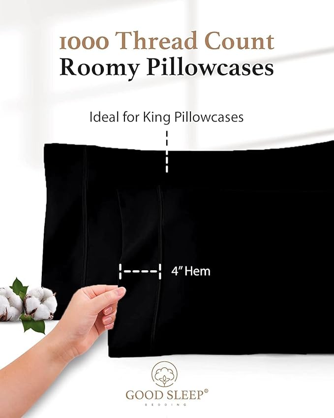 1000 TC Black King Pillowcases Set of 4 100% Egyptian Cotton Pillow Cases - Image 3