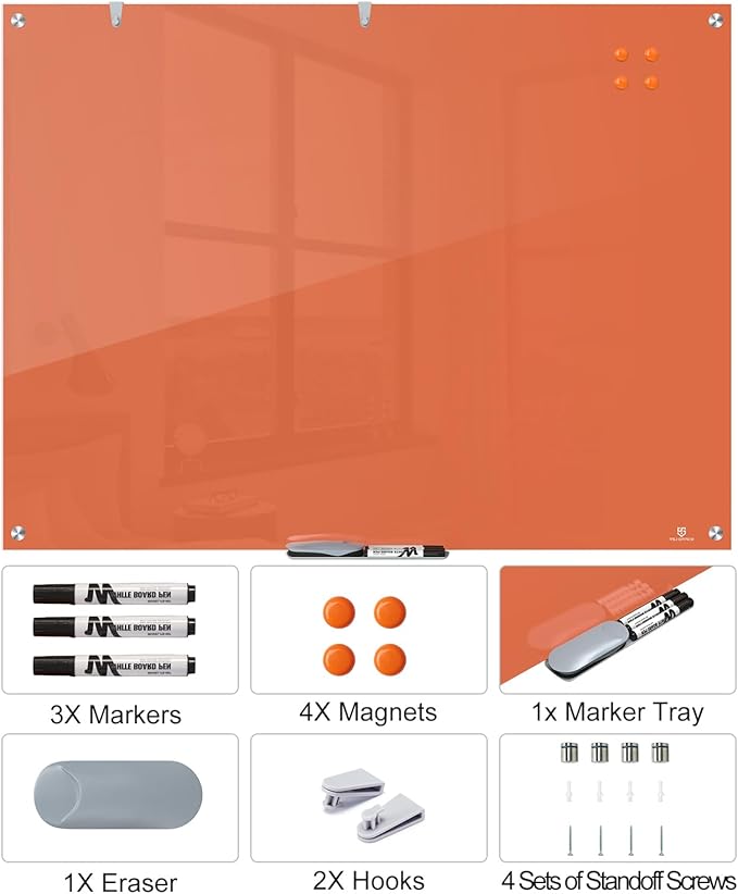 TSJ OFFICE Glass Dry-Erase Board - 48 x 32 Inches Wall Mounted Glass Whiteboard, Large Frameless Magnetic White Board for Office, Home & School, Orange