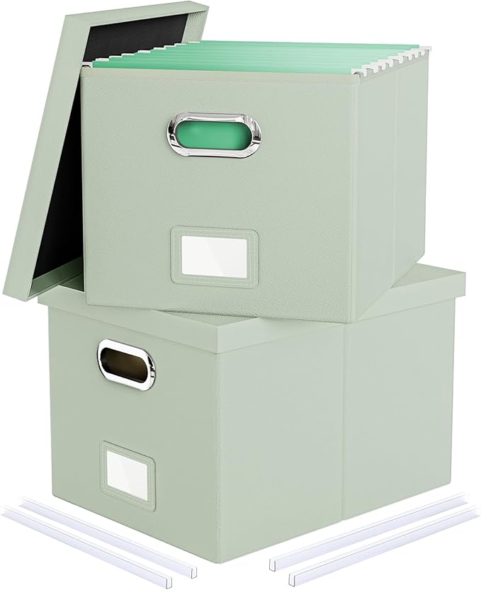 2 Pack File Storage Organizer, Portable File Box with Lid, Fit for Letter/Legal File Folder Storage, Grey-green (Leather) Box