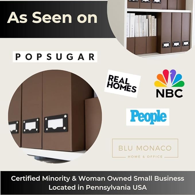 BLU MONACO | Cardboard Magazine File Holder Set of 6 | Vertical Magazine File Holder with Leather Label Slots | Standing File Holder and Cardboard Bins for Shelves Desk Office