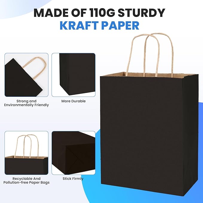 XPCARE 200Pack Paper Bags 8x4.5x10 Inch, Plain Medium Paper Bags with Handles Bulk, Kraft Paper Gift Bag, Retail, Party, Shopping, Favor Bag(Black)