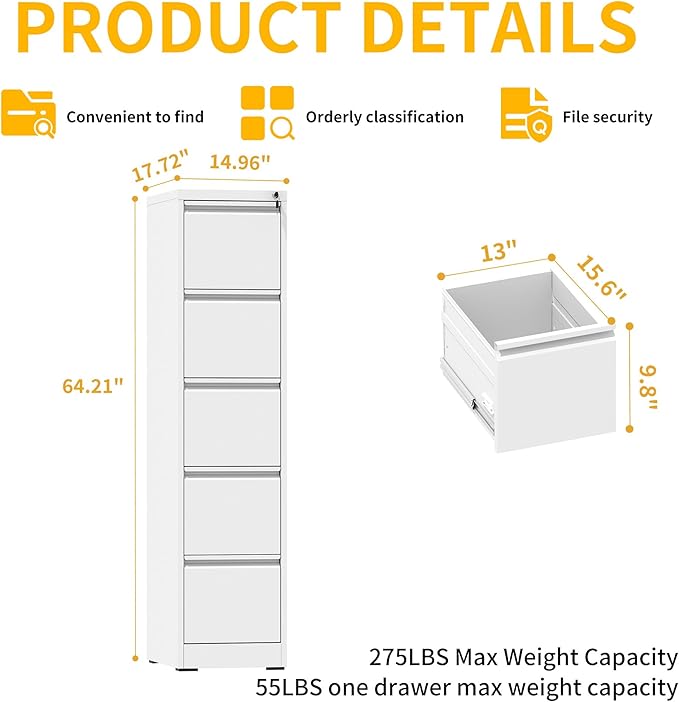 Reegangfa 5 Drawer File Cabinet with Lock, 18" D Metal Vertical Filing Cabinets, Steel File Storage Cabinets for Home Office, Hanging A4 Legal/Letter Size Narrow File Cabinet, Assembly Required