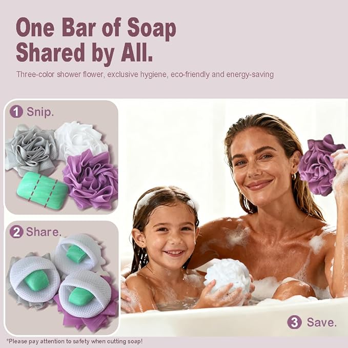 3 Pack Bath Loofah Shower with Soap Bags, Dual-Use Exfoliating Bath Sponges - Image 4