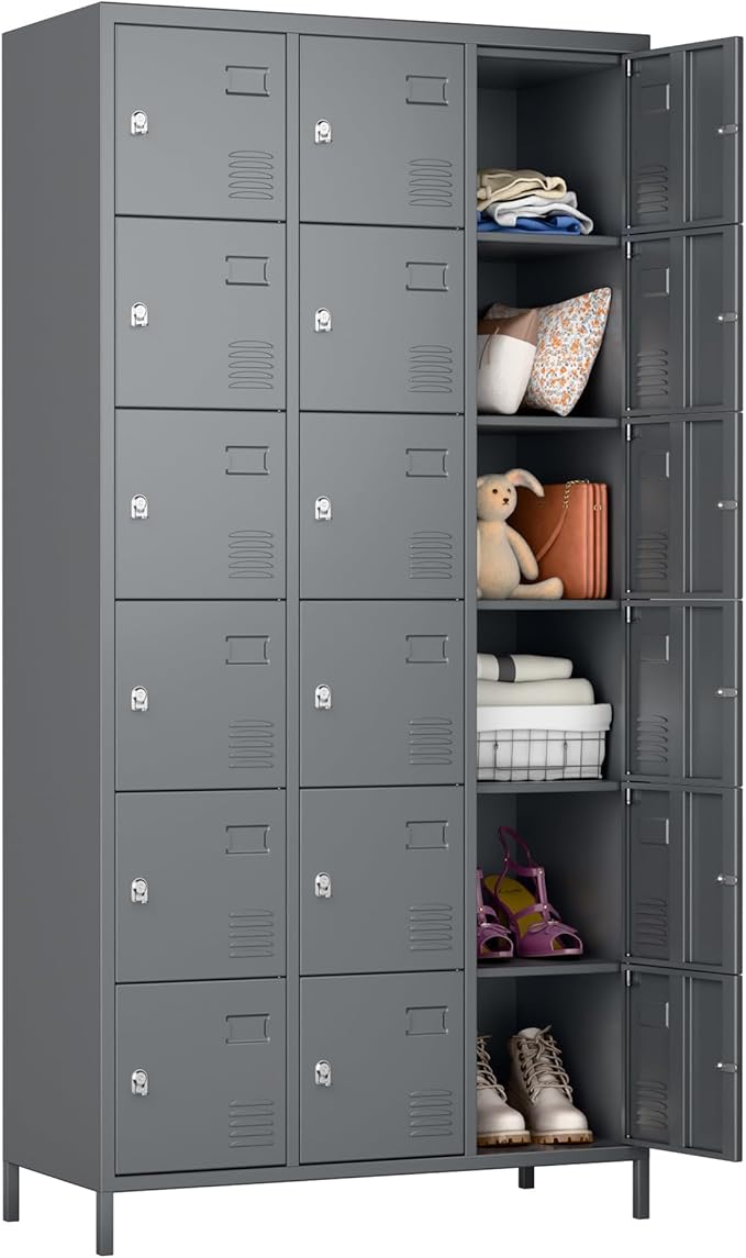SUPEER Metal Lockers for Employees with 18 Door,Metal Storage Locker with Lock for School Garage Gym Office Home Bedroom,Assembly Required,18 Doors Dark Grey