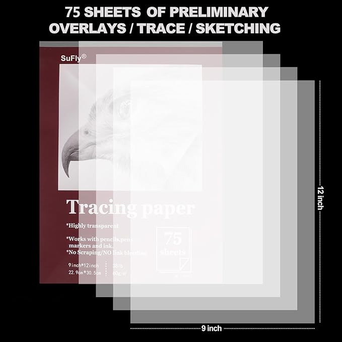 Tracing Paper for Drawing, 9 X 12'' Tracing Paper Pad, 75 Sheets Transparent Vellum Paper for Tracing Pads, 38lb/60gsm Translucent Trace Pad for Pencil Sketching, Image Tracing.