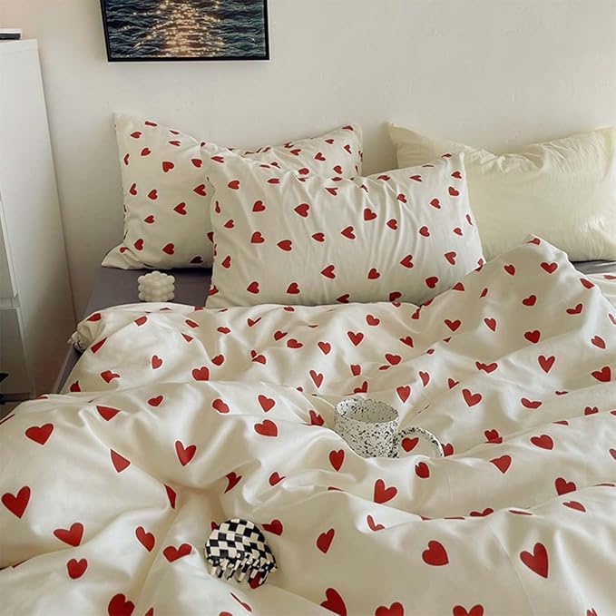 Nayoroom Heart Duvet Cover Twin Size Cute Red Love Heart Printed on White by Nayoroom