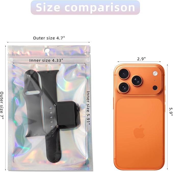 100Pcs Holographic Packaging Bags, 4.7x7 inch Resealable Foil Pouch Mylar Sample Bag Great for Small Business and Party