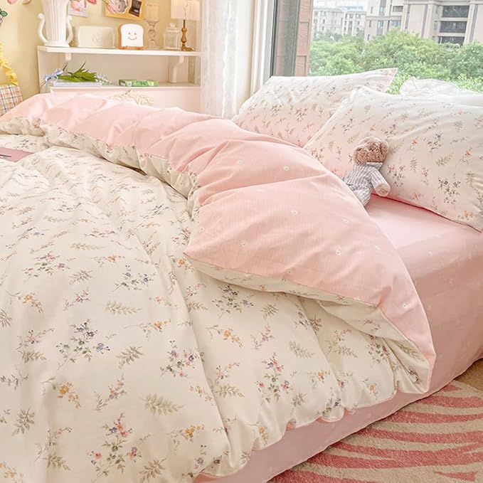 Nayoroom Floral Duvet Cover Full Size Girls Pink White Botanical Flower by Nayoroom