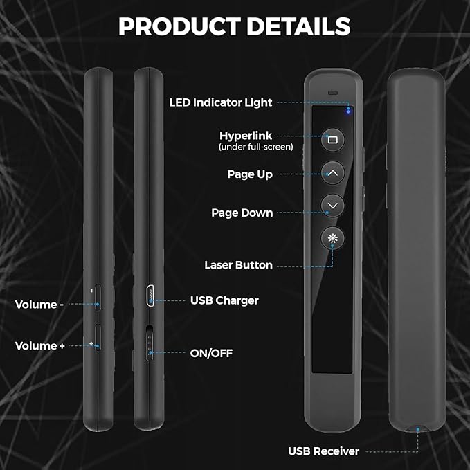 AMERTEER Wireless Presenter Remote – Presentation Clicker with 2.4GHz RF Hyperlink & Volume Control, Built-in Rechargeable Battery, Compatible with Keynote, PowerPoint, Mac, PC, and Laptops