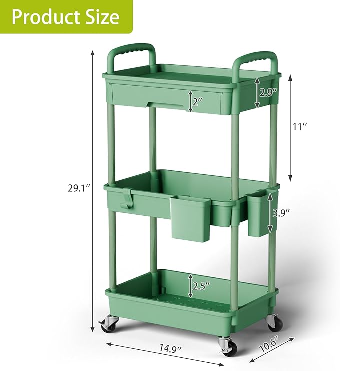 Sorgion 3 Tier Rolling Cart Organizer,Laundry Room Bathroom Organizers and Storage Office Shelves Mobile Shelving Unit Kitchen Trolley Cart with Wheels for Art,Craft,Diaper,Bedside,Snack(Green)