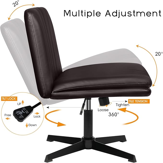 PUKAMI Criss Cross Legged Office Chair,Armless Office Desk Chair No Wheels,PU Leather Modern Swivel Vanity Chair,Height Adjustable Wide Seat Mid Back Computer Task Chair for Home Office, Brown