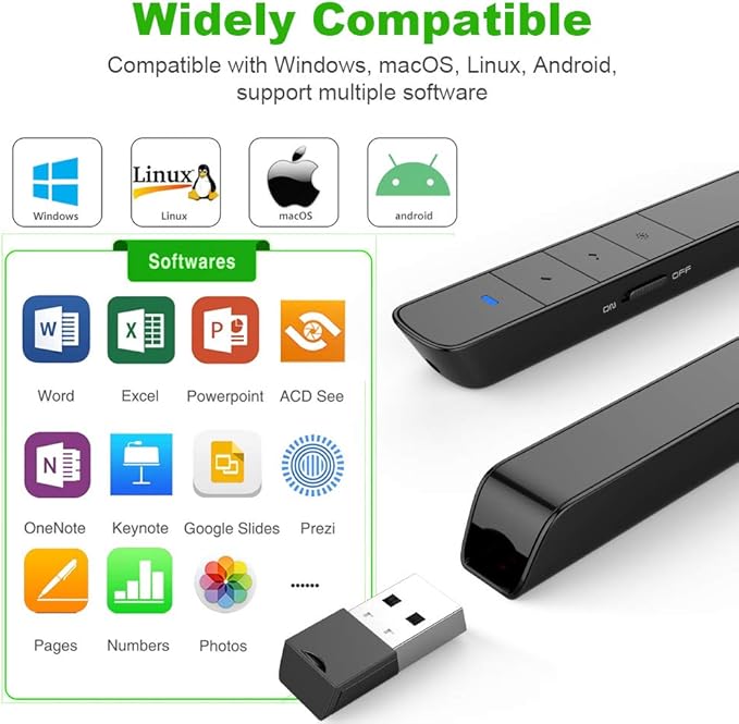 Norwii N75 Rechargeable Presentation Clicker with Green Light Pointer for presentations, PowerPoint Clicker for Presentation Remote, Long Range Wireless Presenter (Green Light)