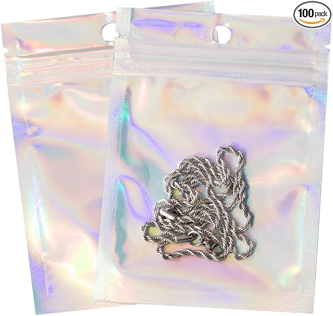 100Pcs Holographic Packaging Bags, 3.5x4.7 inch Resealable Foil Pouch Mylar Sample Bag Great for Small Business and Party