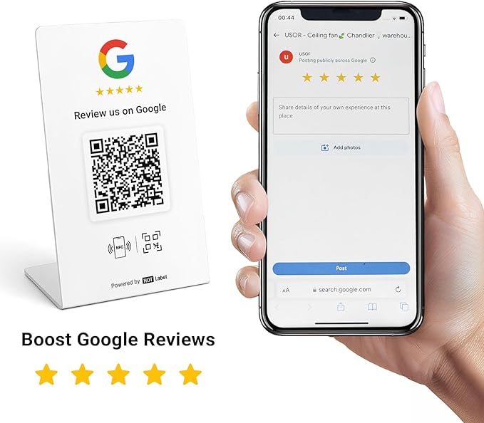 HotLabel Review Stand 3-Pack + Bonus Review Tap Card 3-Pack + For Boosting Business Reviews + White + NFC Tap & QR Code + Supports 2 Different Stores or Same + No App/No Subscription
