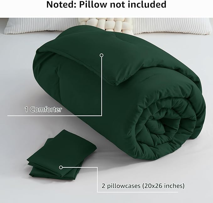 CozyLux Dark Emerald Green Queen Comforter Set, 3 Pieces Solid Breathable - Image 7