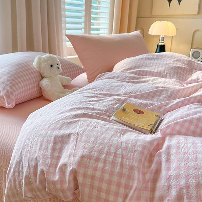 Nayoroom Gingham Duvet Cover King Size Pink White Plaid Checkered Comforter - Image 5