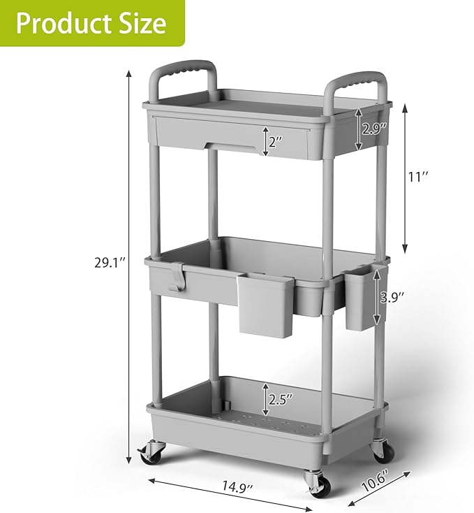 Sorgion 3 Tier Rolling Cart Organizer,Laundry Room Bathroom Organizers and Storage Office Shelves Mobile Shelving Unit Kitchen Trolley Cart with Wheels for Art,Craft,Diaper,Bedside,Snack(Grey)