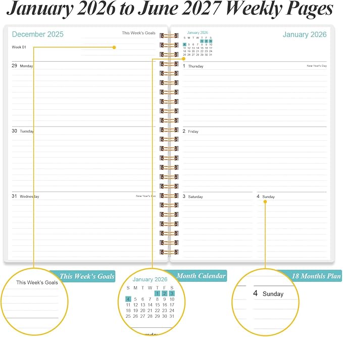 2026-2027 Planner - 18 Months Weekly & Monthly Planner from January 2026 - June 2027, Spiral Planners 2026-2027 with Elastic Closure, Inner Pocket, Medium 5.8" x 8.3", Rose Leaf