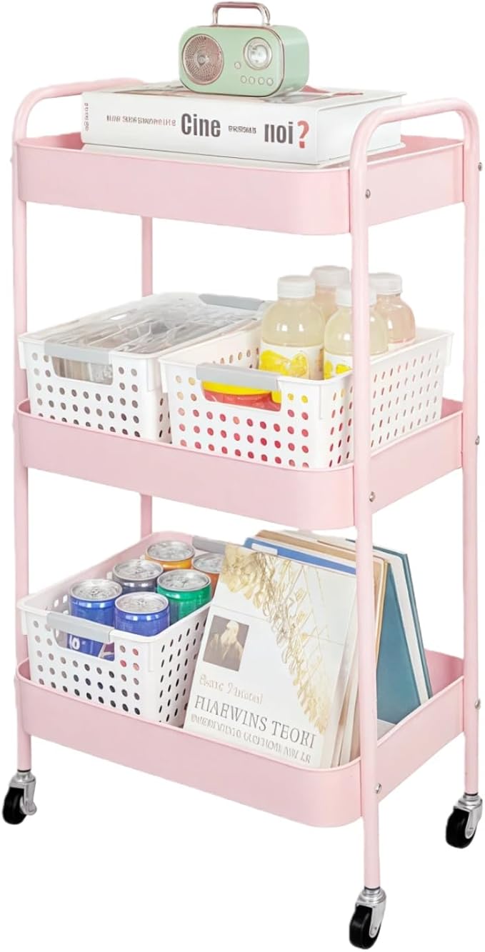 LIWNYRK 3 Tier Pink Rolling Cart for Nursery & Laundry Room with Handle & 4 Hooks, Metal Kitchen Storage Cart on Wheels and Lockable Casters, Large Capacity Sturdy Trolley for Lash Craft Bathroom