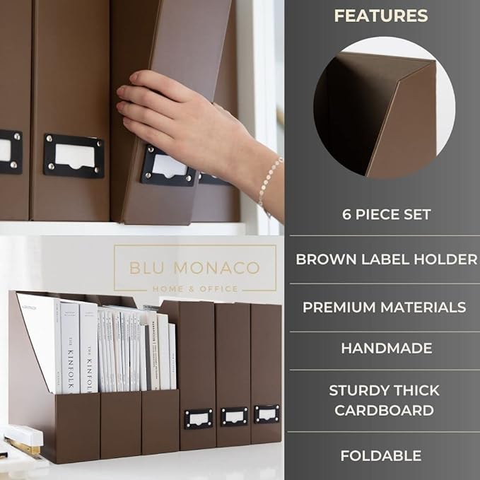 BLU MONACO | Cardboard Magazine File Holder Set of 6 | Vertical Magazine File Holder with Leather Label Slots | Standing File Holder and Cardboard Bins for Shelves Desk Office