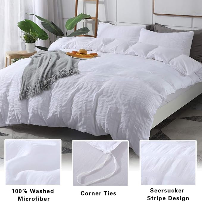 AveLom White Duvet Cover Set California King Size, 3 Pieces, Seersucker Soft - Image 2