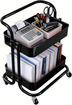 Ufriandz 2 Tier Rolling Utility Cart with Wheels All-Metal Short Pantry Cart Under Desk Storage Trolley with Handle, Small Rolling Storage Shelf for Small Space Kitchen Laundry Room Bathroom, Black