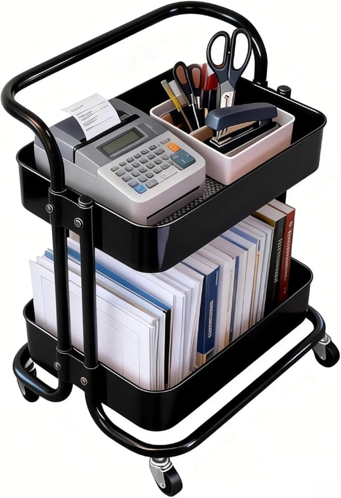 Ufriandz 2 Tier Rolling Utility Cart with Wheels All-Metal Short Pantry Cart Under Desk Storage Trolley with Handle, Small Rolling Storage Shelf for Small Space Kitchen Laundry Room Bathroom, Black