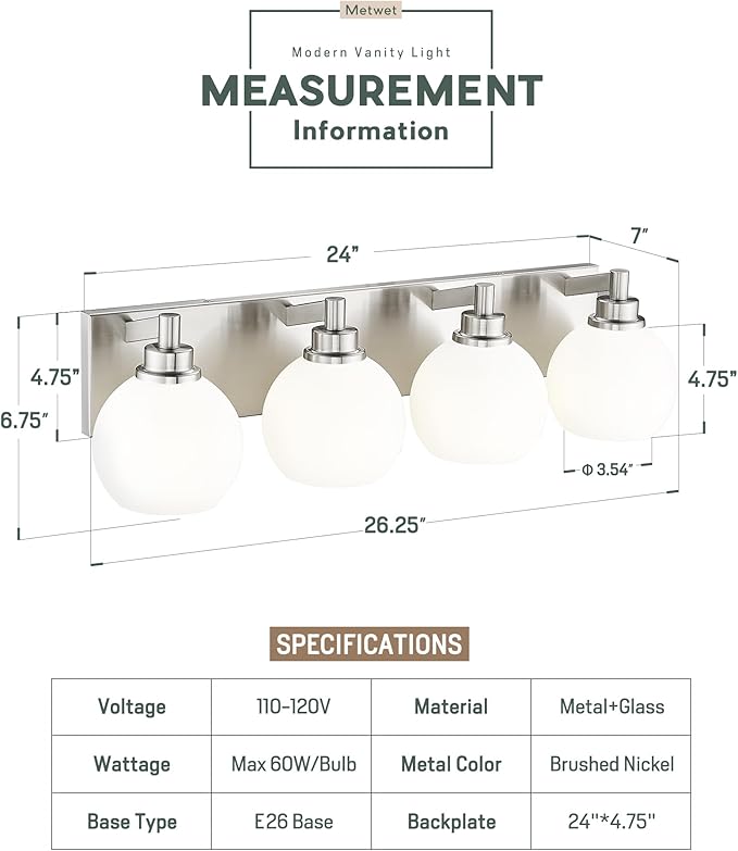 Bathroom Light Fixtures, 4 Light Brushed Nickel Vanity Light, 26 Inch Modern - Image 3