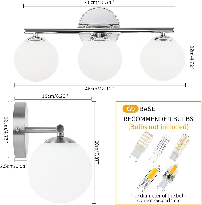 Globe Bathroom Light Fixtures Chrome Vanity Light - Image 3