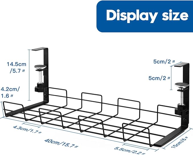 NoDrill 2 Pack 15.7" Under Desk Cable Management Tray, Sturdy Metal Cord Organizer for Office & Home Standing Desk