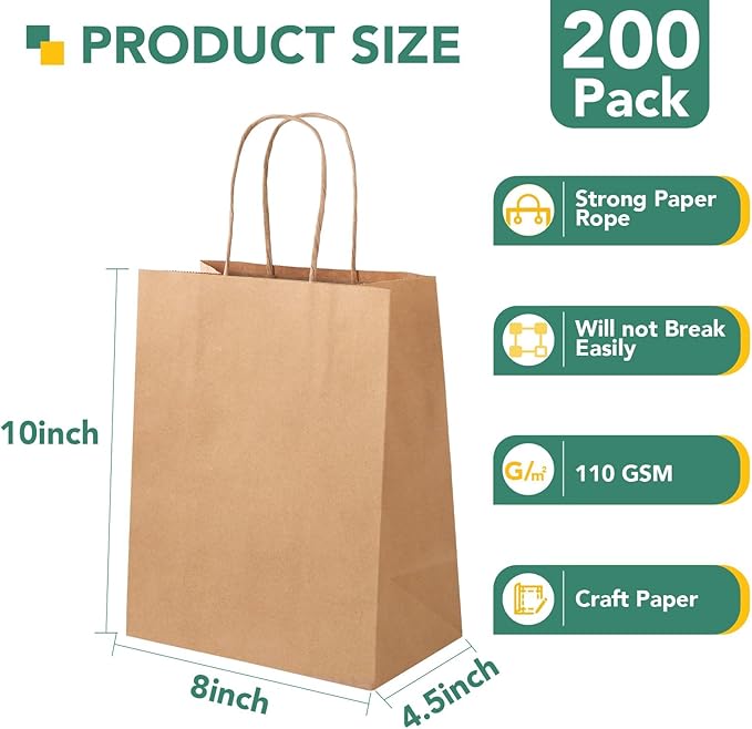 XPCARE 200Pack Paper Bags 8x4.5x10 Inch, Plain Medium Paper Bags with Handles Bulk, Kraft Paper Gift Bag, Retail, Party, Shopping, Favor Bag (Brown)