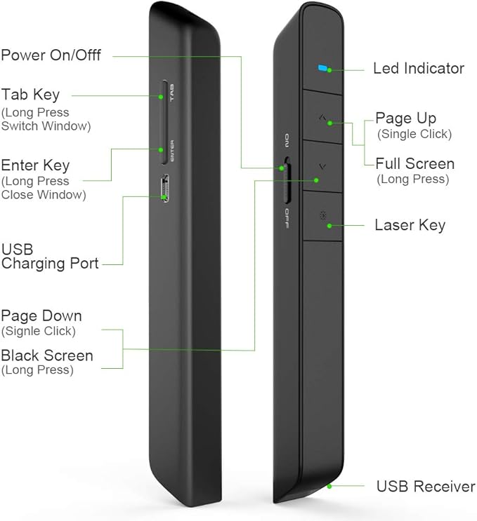 Norwii N75 Rechargeable Presentation Clicker with Green Light Pointer for presentations, PowerPoint Clicker for Presentation Remote, Long Range Wireless Presenter (Green Light)