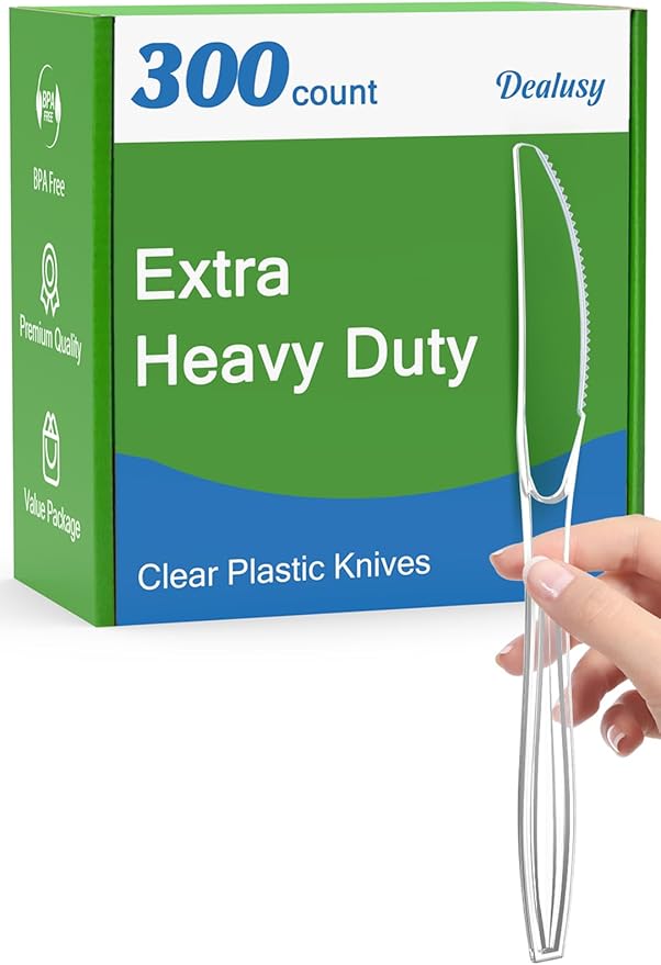 Dealusy 300 Count Extra Heavy Duty Clear Plastic Knives Disposable, BPA-Free, Heat Resistant, Solid and Durable Disposable Knives Bulk, Premium Plastic Knives heavy duty for Party Supply