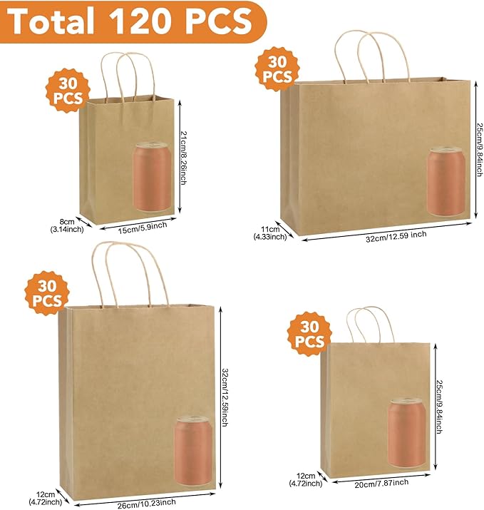 woric 120 PCS Brown Paper Bags with Handles, Large Gift Bags 4 Assorted Sizes Bulk Paper Bags for Small Business Retails Shopping