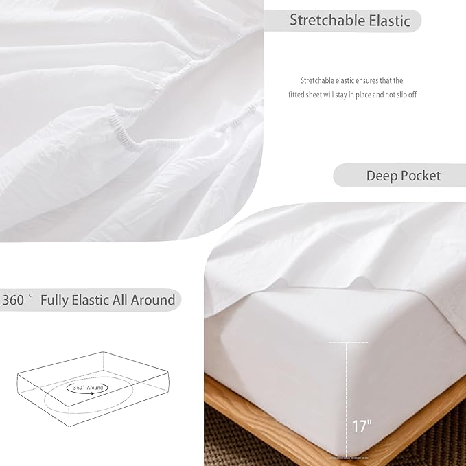 MooMee Fitted Bottom Sheet Only 100% Washed Cotton Linen Like Textured - Image 5